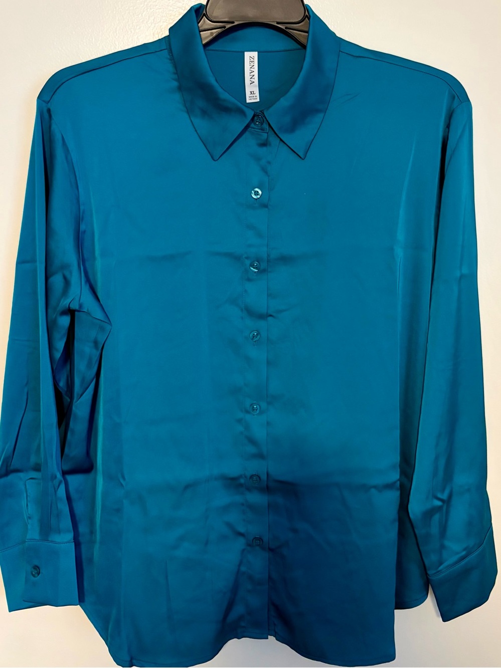 Zenana Teal Satin Button-Up Blouse